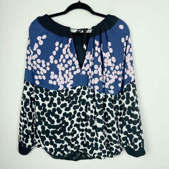 DIANE VON FURSTENBERG | Mikino Colorblock Pleated Dot Print Top Women’s Size 14 - Picture 2 of 10